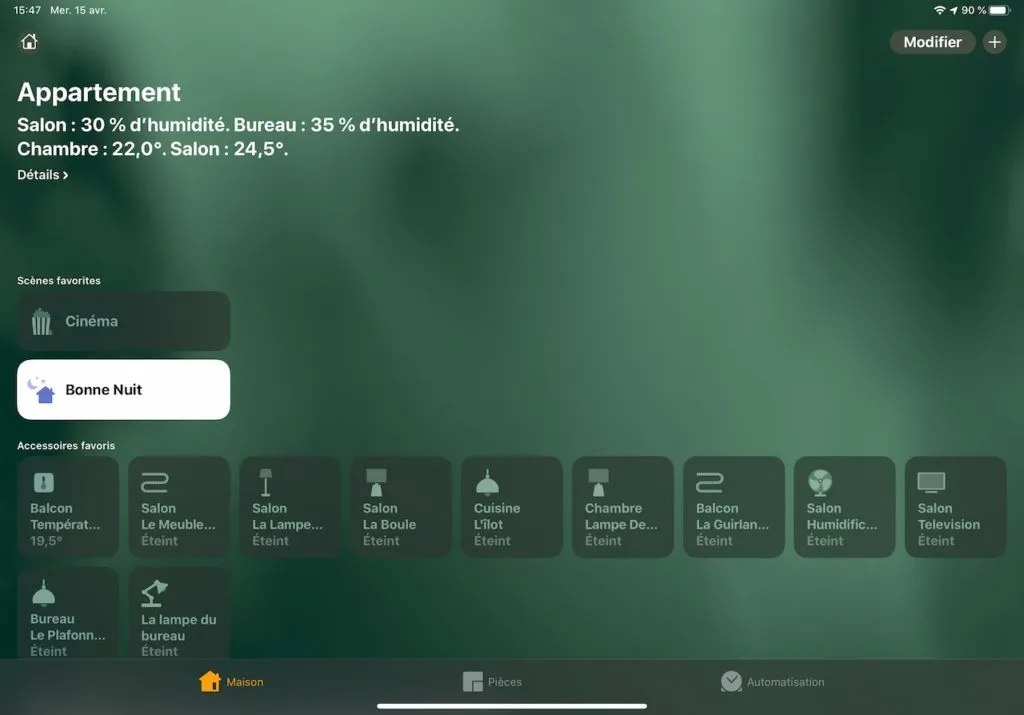 Application Maison d’Apple utilisée pour piloter des accessoires HomeKit