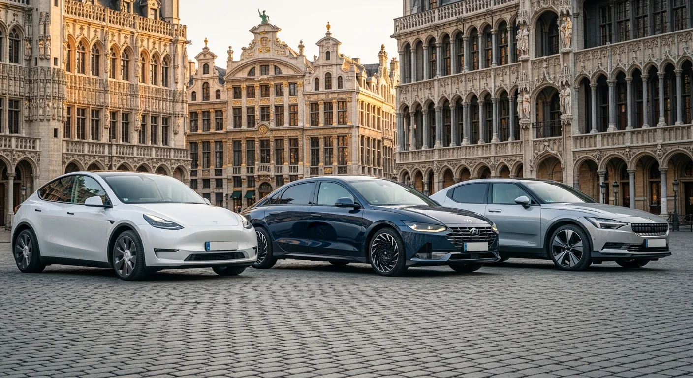 Tesla Model Y, Hyundai Ioniq 6 et Polestar 2 côte à côte sur la Grand-Place de Bruxelles