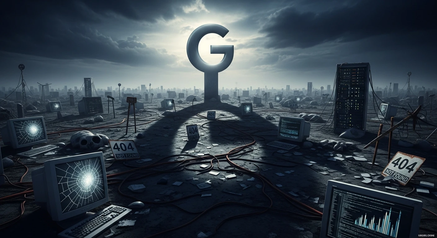 Le logo Google projetant une ombre sur un écosystème web en ruine, métaphore de la stratégie IA
