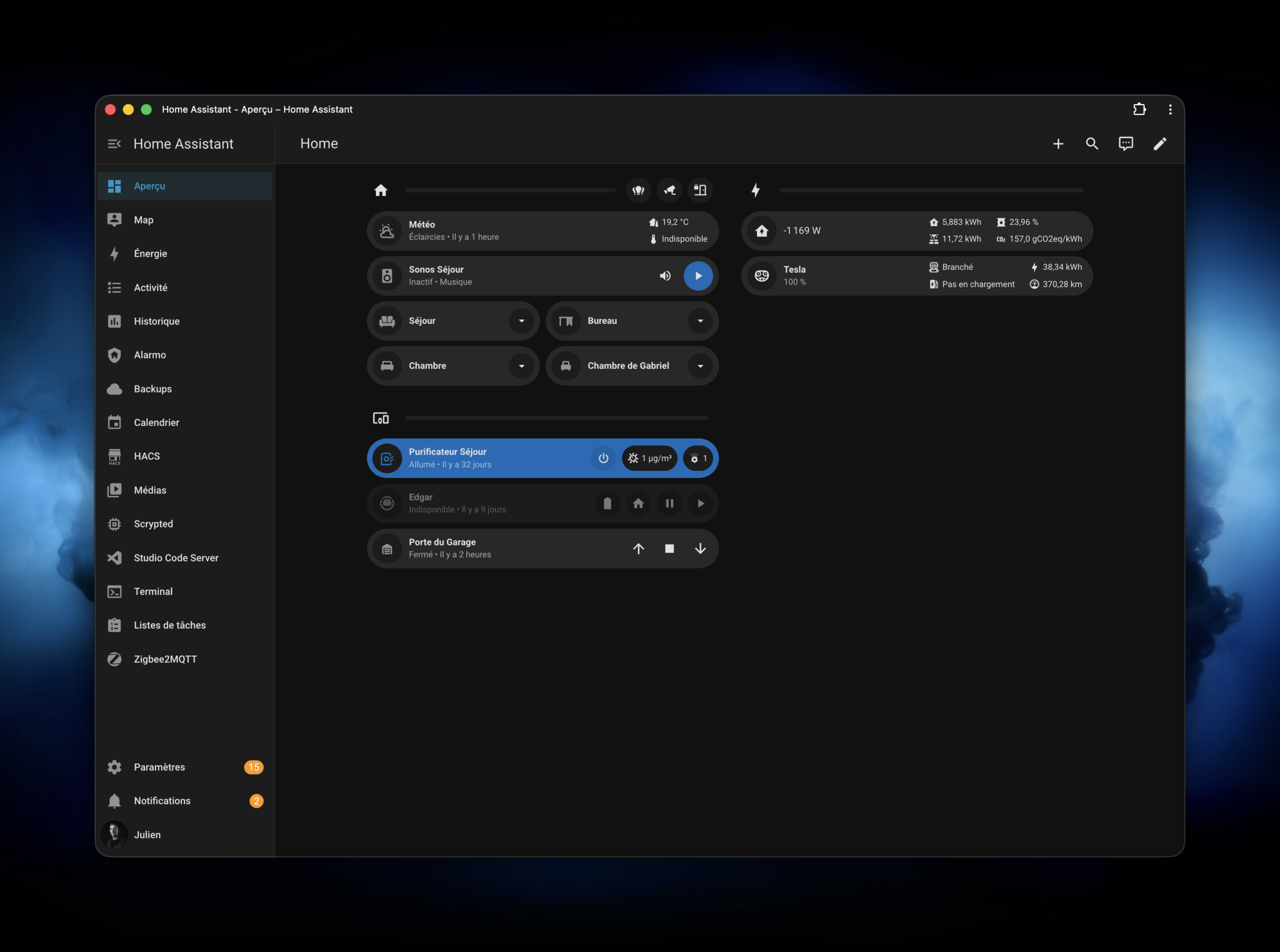 Dashboard Home Assistant avec les entités et automatisations de la maison