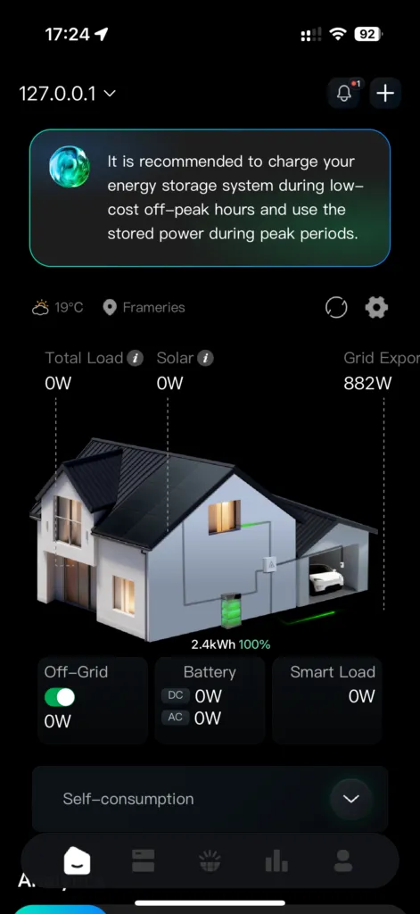 Capture de l’application Sunpura montrant les flux d’énergie