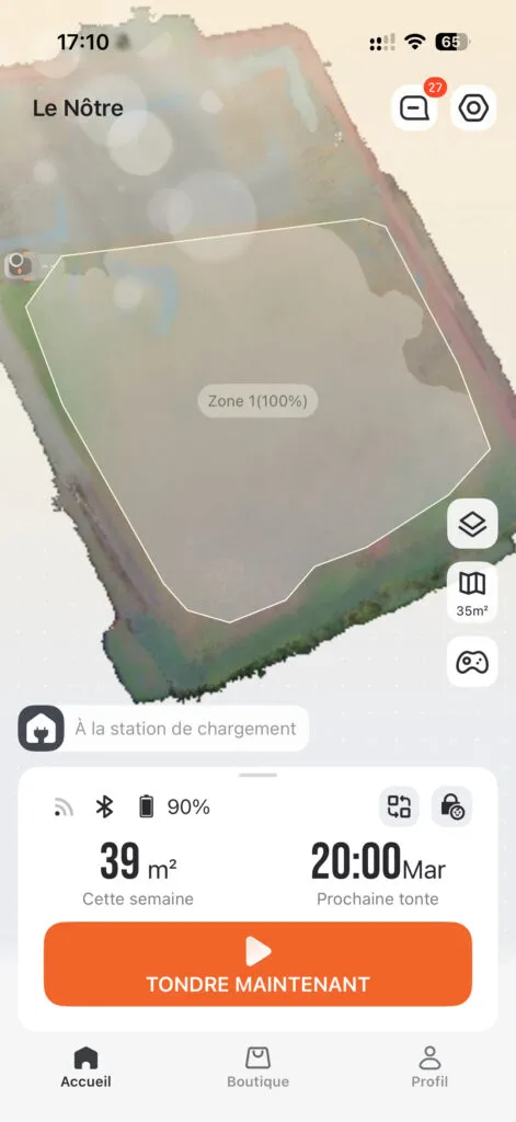 Écran de l’application Navimow affichant la carte du jardin et l’état du robot