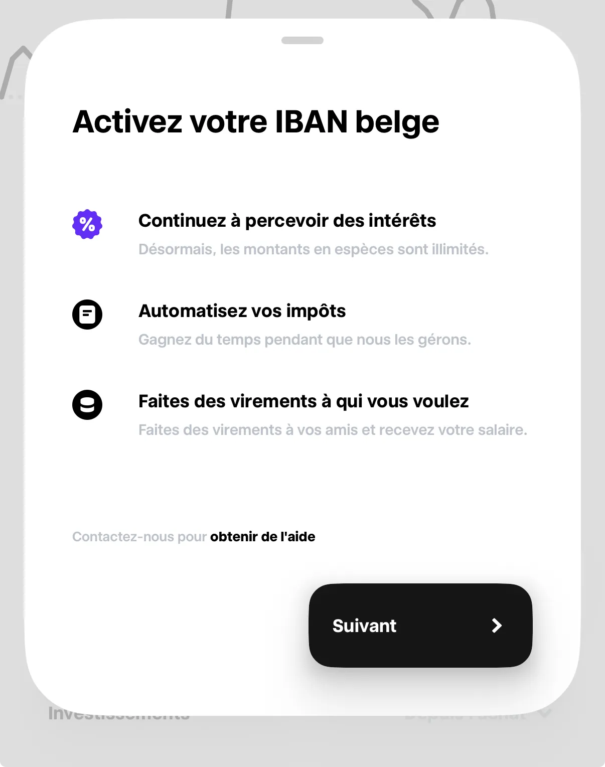 Écran Trade Republic présentant les intérêts, les impôts automatisés et les virements avec l’IBAN belge.